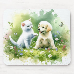 Watercolor Kitten and Puppy Mouse Mat