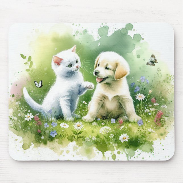 Watercolor Kitten and Puppy Mouse Mat (Front)