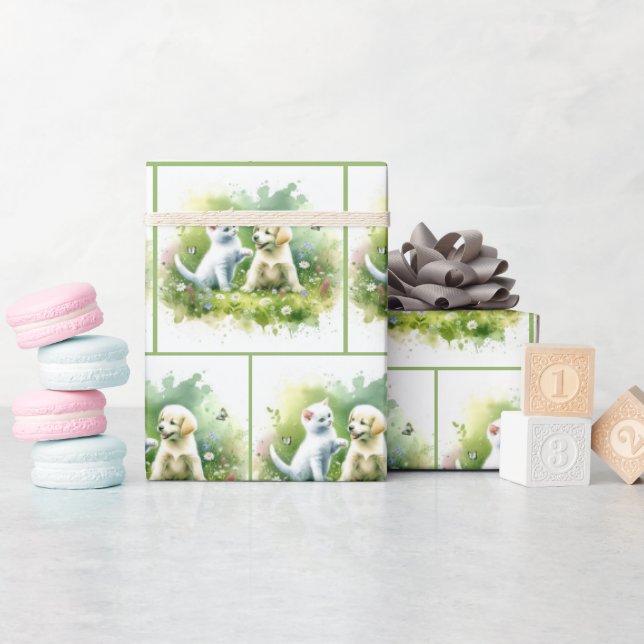 Watercolor Kitten and Puppy Wrapping Paper (Baby Shower)