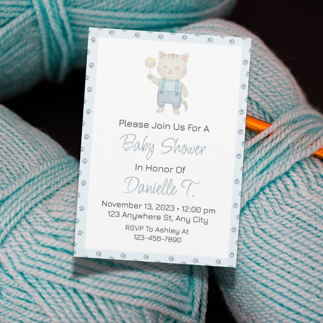 Watercolor Kitten Baby Shower Invitation for Boy (Kitten-themed baby shower invitation design with charming blue cat illustrations.)