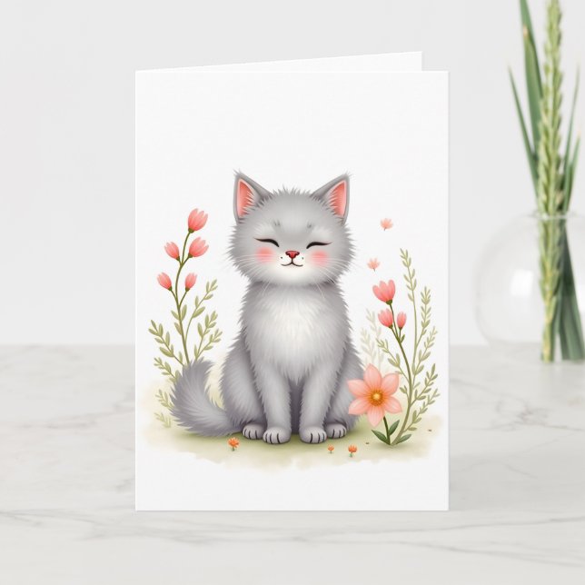 Watercolor Kitten Cute Cat with Flowers Blank  Card (Front)