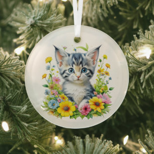 Watercolor Kitten Flowers Christmas Glass Tree Decoration