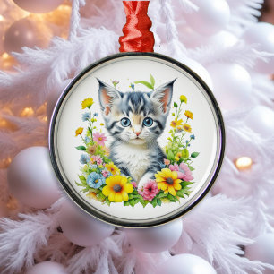 Watercolor Kitten Flowers Christmas Metal Tree Decoration