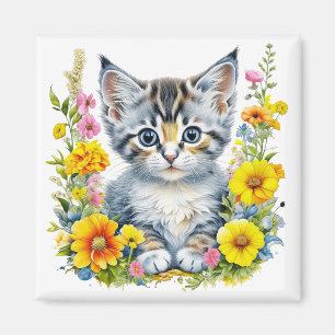 Watercolor Kitten Flowers Magnet