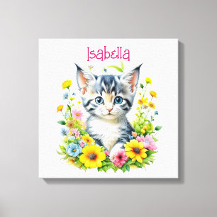 Watercolor Kitten Flowers Personalised Canvas Print