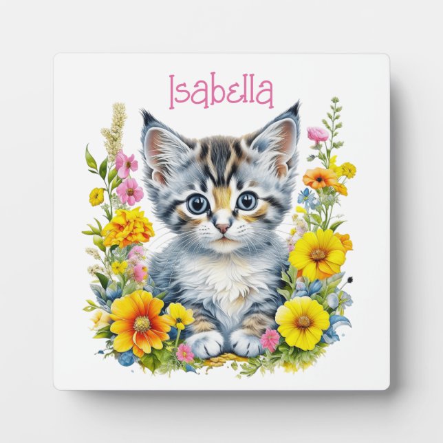 Watercolor Kitten in Flowers Personalised Plaque (Front)