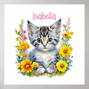 Watercolor Kitten in Flowers Personalised Poster