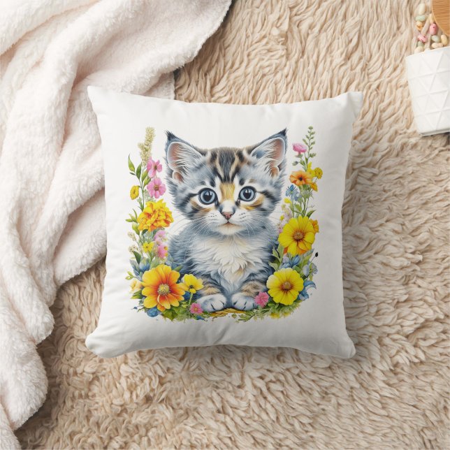 Watercolor Kitten in Pink and Yellow Flowers  Cushion (Blanket)