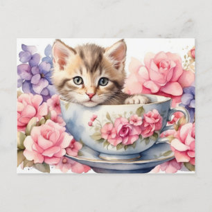 Watercolor Kitten in Teacup with Flowers Postcard
