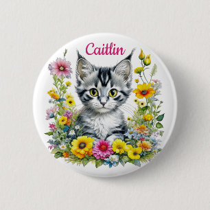 Watercolor Kitten in Yellow Flowers Personalised 6 Cm Round Badge