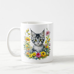 Watercolor Kitten in Yellow Flowers Personalised  Coffee Mug