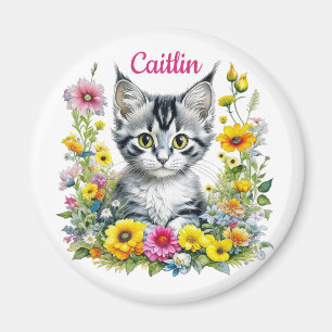 Watercolor Kitten in Yellow Flowers Personalised Magnet