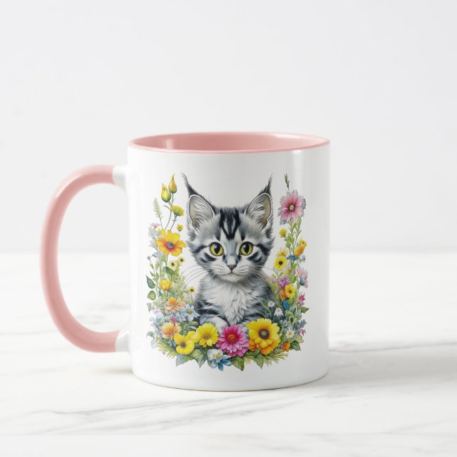 Watercolor Kitten in Yellow Flowers Personalised  Mug (Left)
