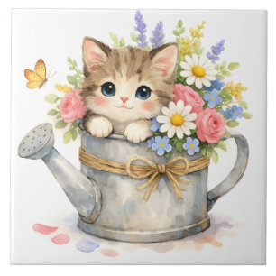 Watercolor Kitten inside Watering Can with Flowers Tile
