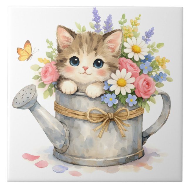 Watercolor Kitten inside Watering Can with Flowers Tile (Front)
