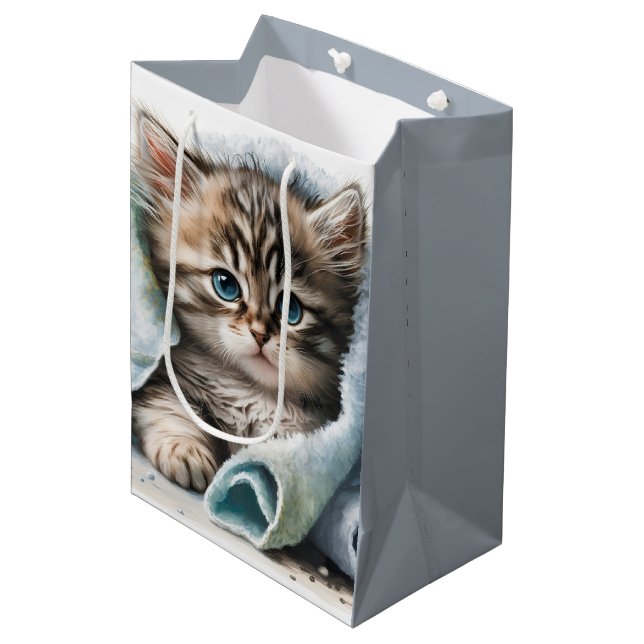 Watercolor Kitten Under Blanket Medium Gift Bag (Front Angled)