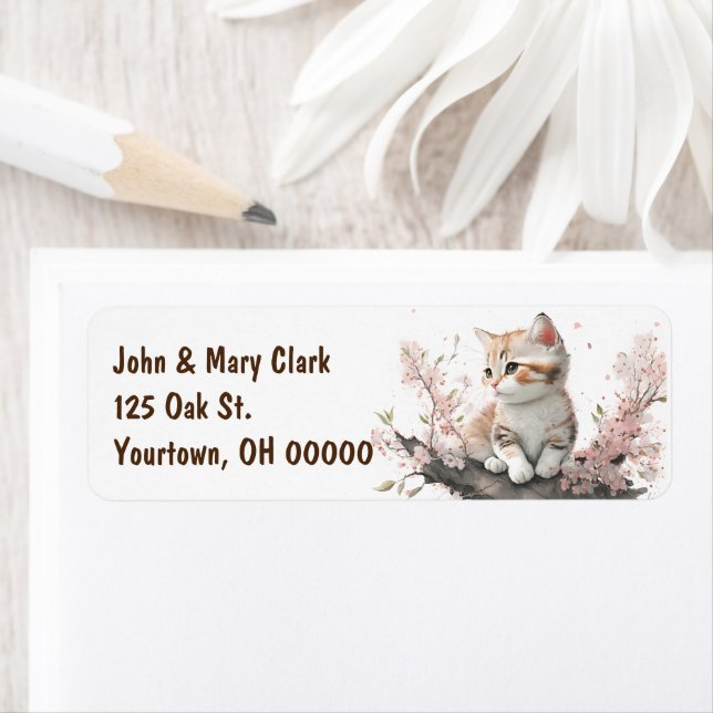 Watercolor Kitten With Pink Flowers (Insitu)