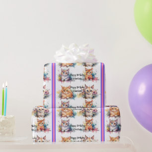 Watercolor Kittens Child's Name Birthday Gift Wrapping Paper