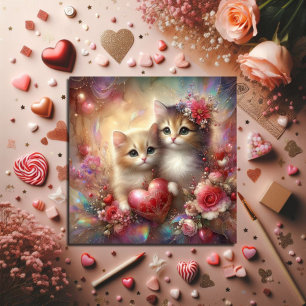 Watercolor Kittens Flowers Hearts Valentine Holiday Card