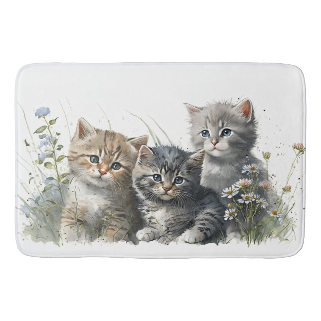Watercolor Kittens in Grass Bath Mat (Front)