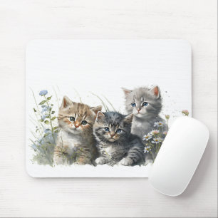 Watercolor Kittens in Wildflowers Mouse Mat