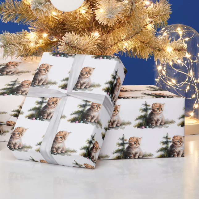 Watercolor Kittens With Christmas Ornaments Wrapping Paper (Holidays)