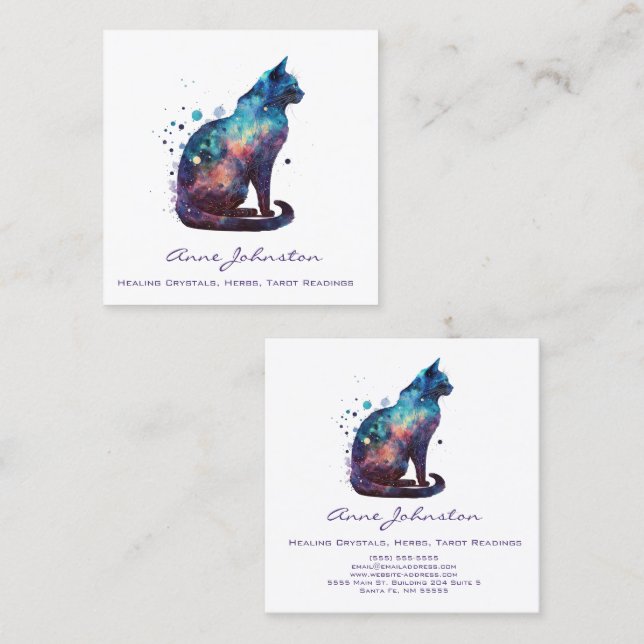 Watercolor Kitty Blue Purple Square Business Card (Front/Back)