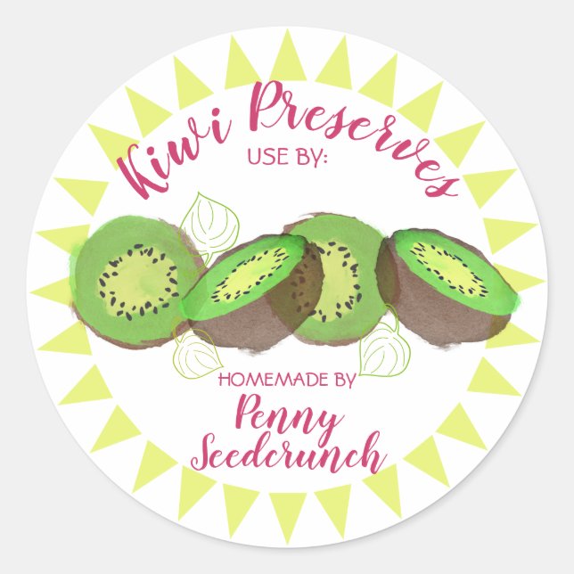 Watercolor kiwi sliced fruit personalised canning classic round sticker (Front)
