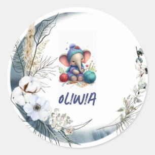 Watercolor knitting elephant classic round sticker