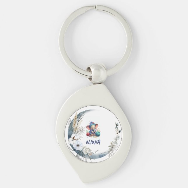 Watercolor knitting elephant key ring (Front)