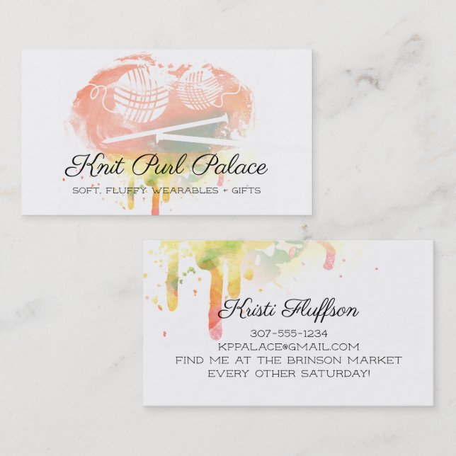 Watercolor knitting needles yarn business card (Front/Back)
