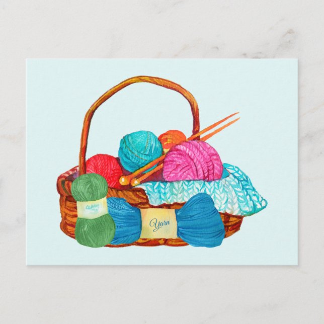 Watercolor Knitting Yarn Basket Postcard (Front)