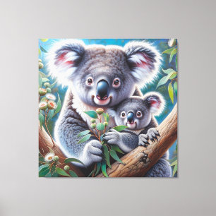 Watercolor Koala and Baby Joey in a Tree Painting Canvas Print