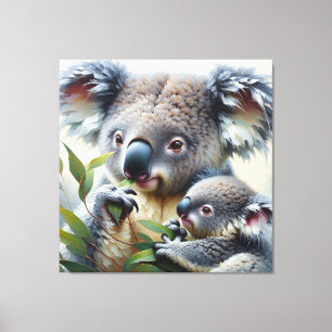 Watercolor Koala and Baby Joey in a Tree Painting Canvas Print