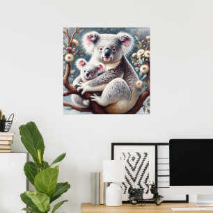 Watercolor Koala and Baby Joey in a Tree Painting Poster