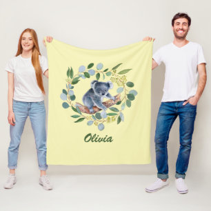 Watercolor Koala and Eucalyptus Wreath  Fleece Blanket