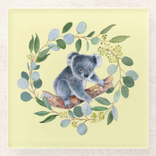Watercolor Koala and Eucalyptus Wreath Glass Coaster