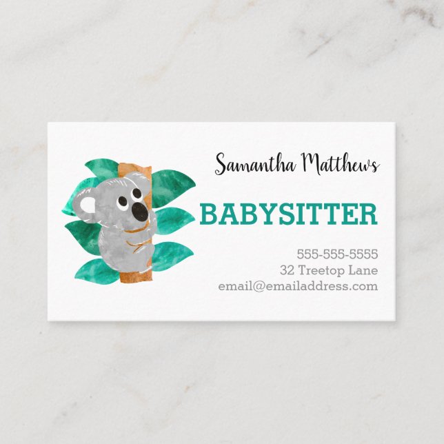 Watercolor Koala Babysitter Childcare Provider Business Card (Front)