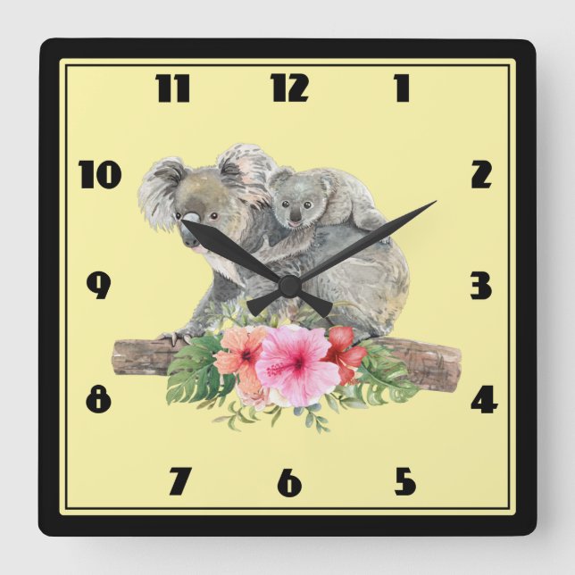 Watercolor Koala Bears Cute Mom & Baby Square Wall Clock (Front)