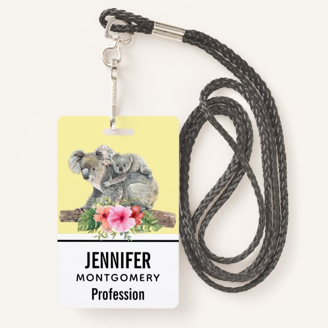 Watercolor Koala Bears Cute Mum & Baby ID Badge (Back with Lanyard)