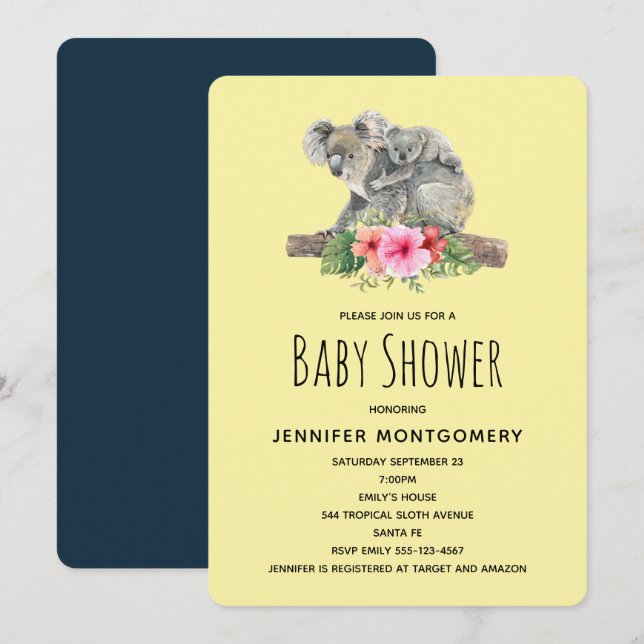 Watercolor Koala Bears Cute Mum & Baby Shower Invitation (Front/Back)