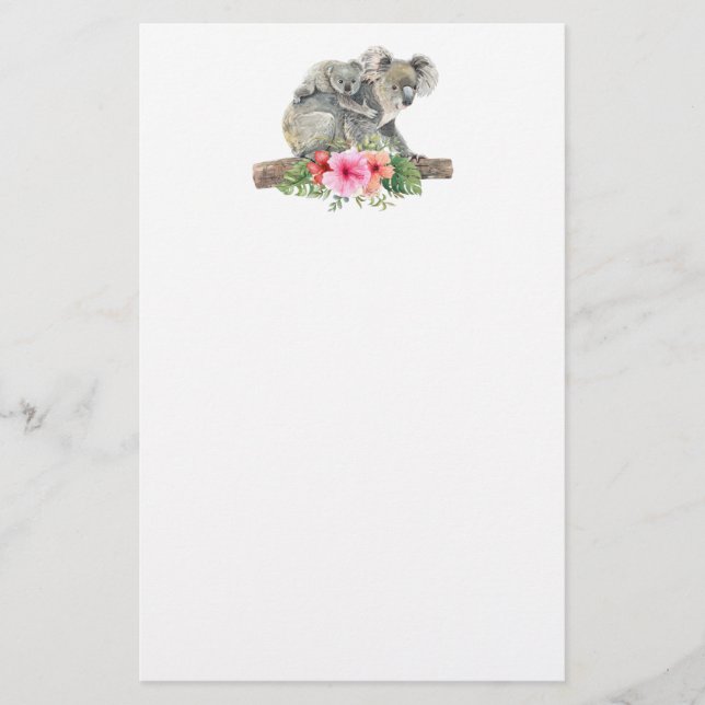 Watercolor Koala Bears Cute Mum & Baby Stationery (Front)