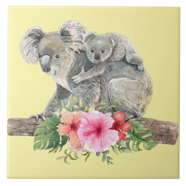 Watercolor Koala Bears Cute Mum & Baby Tile (Front)