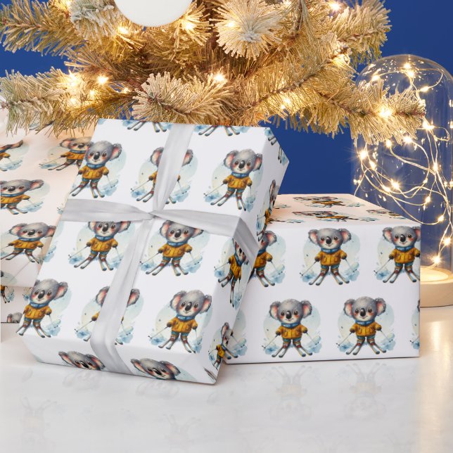 Watercolor Koala Bears Skiing On Snow Wrapping Paper (Holidays)