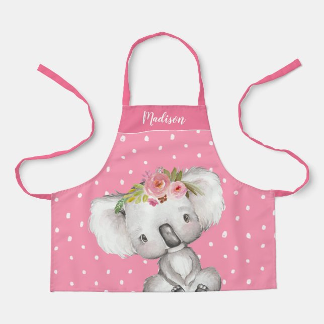 Watercolor Koala Pink Floral Personalised Kids Apron (Front)