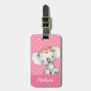 Watercolor Koala Pink Floral Personalised Luggage Tag