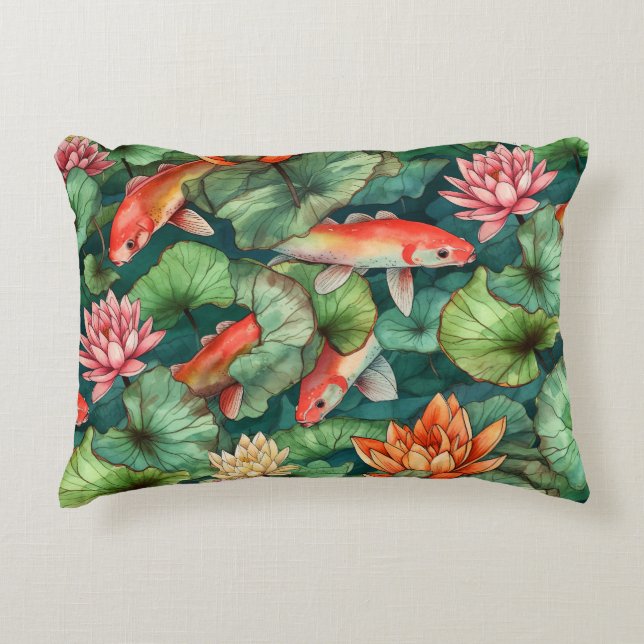Watercolor Koi and Water Lilies Accent Pillow (Front)