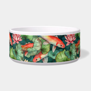 Watercolor Koi and Water Lilies Ceramic Pet Bowl