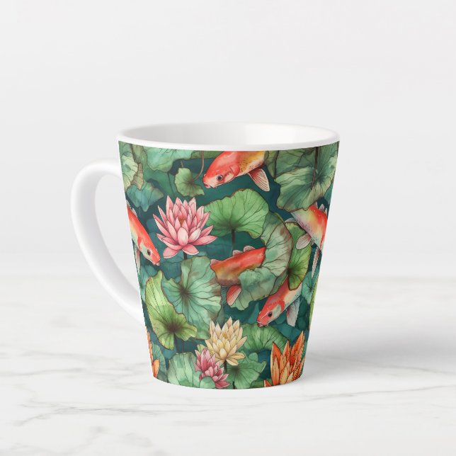 Watercolor Koi and Water Lilies Latte Mug (Left Angle)