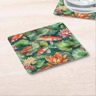 Watercolor Koi and Water Lilies Paper Coaster
